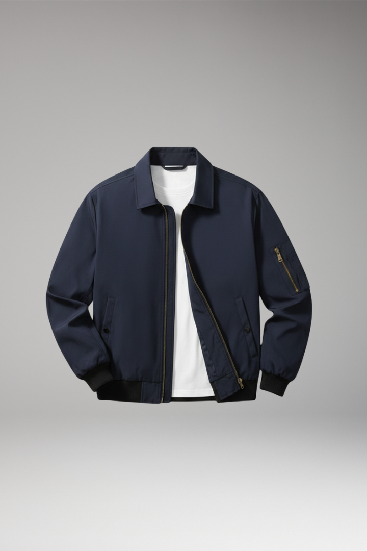 Men's Bomber Jacket with Zipper Pockets and Elastic Waistband