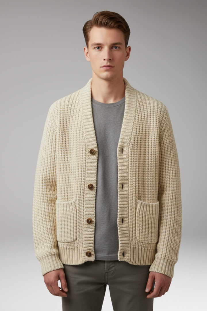 Men’s Cardigan with Stand Collar and Front Pockets