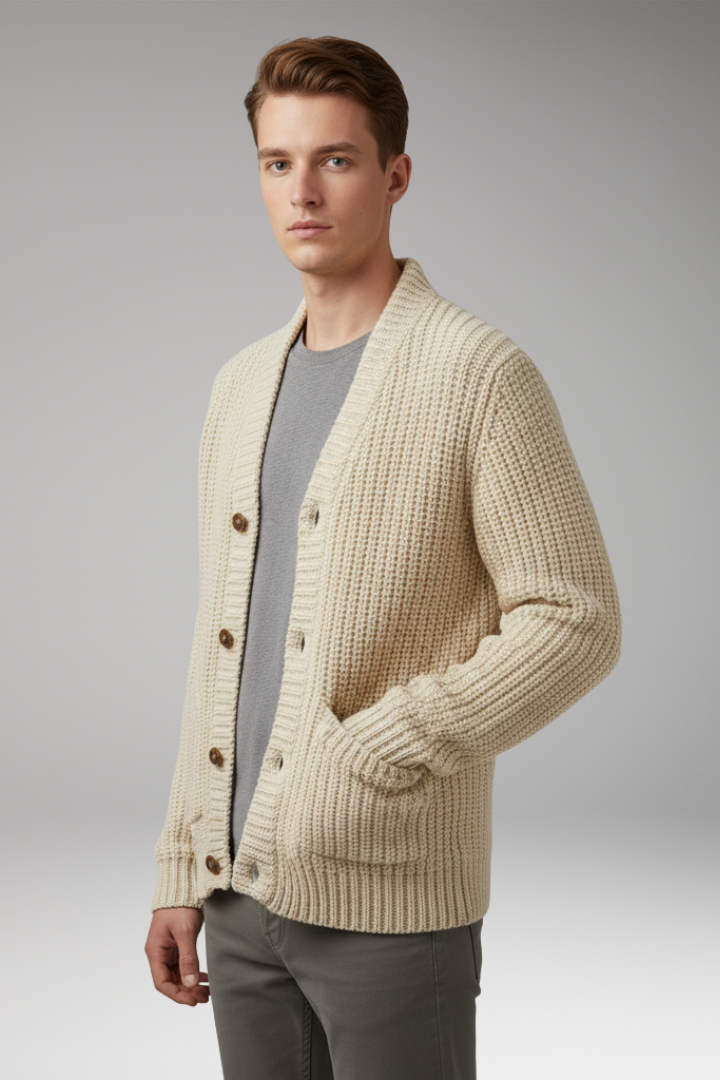 Men’s Cardigan with Stand Collar and Front Pockets