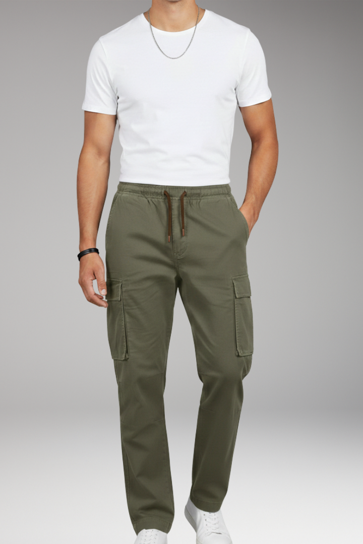 Men's Cargo Pants with Elastic Waistband and Six Pockets