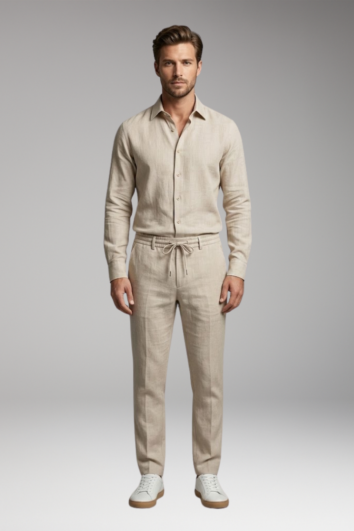 Men's Casual Shirt and Pants Set with Button-Down Shirt and Long Sleeves