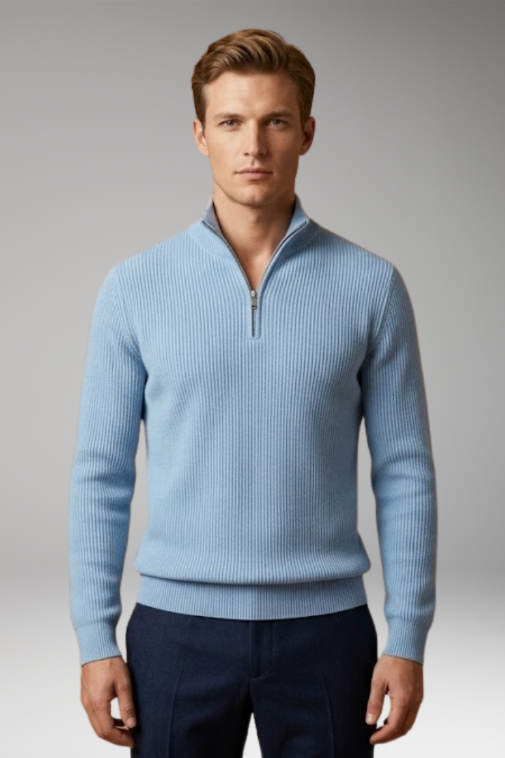 Men's Casual Sweater with Half-Zip Collar and Ribbed Texture