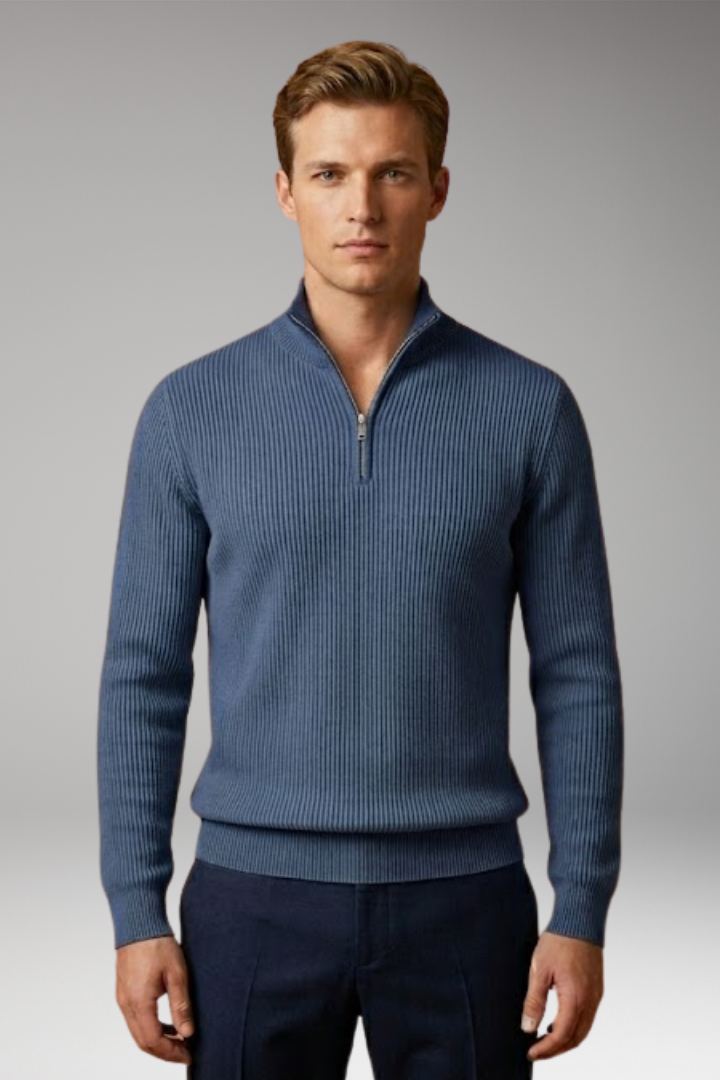 Men's Casual Sweater with Half-Zip Collar and Ribbed Texture