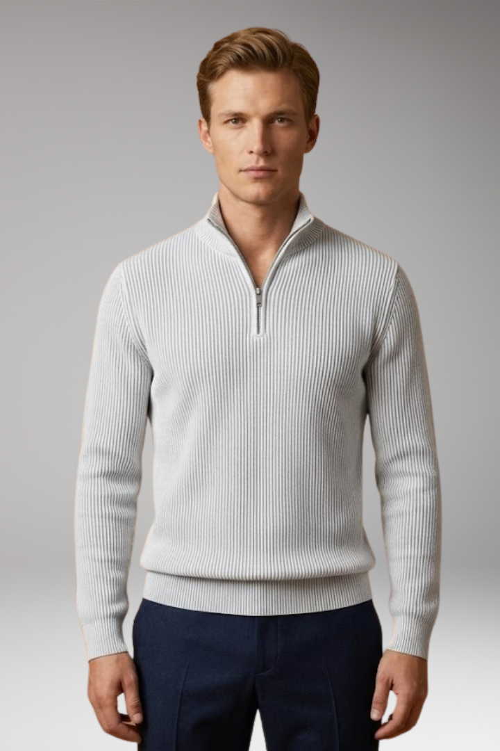 Men's Casual Sweater with Half-Zip Collar and Ribbed Texture