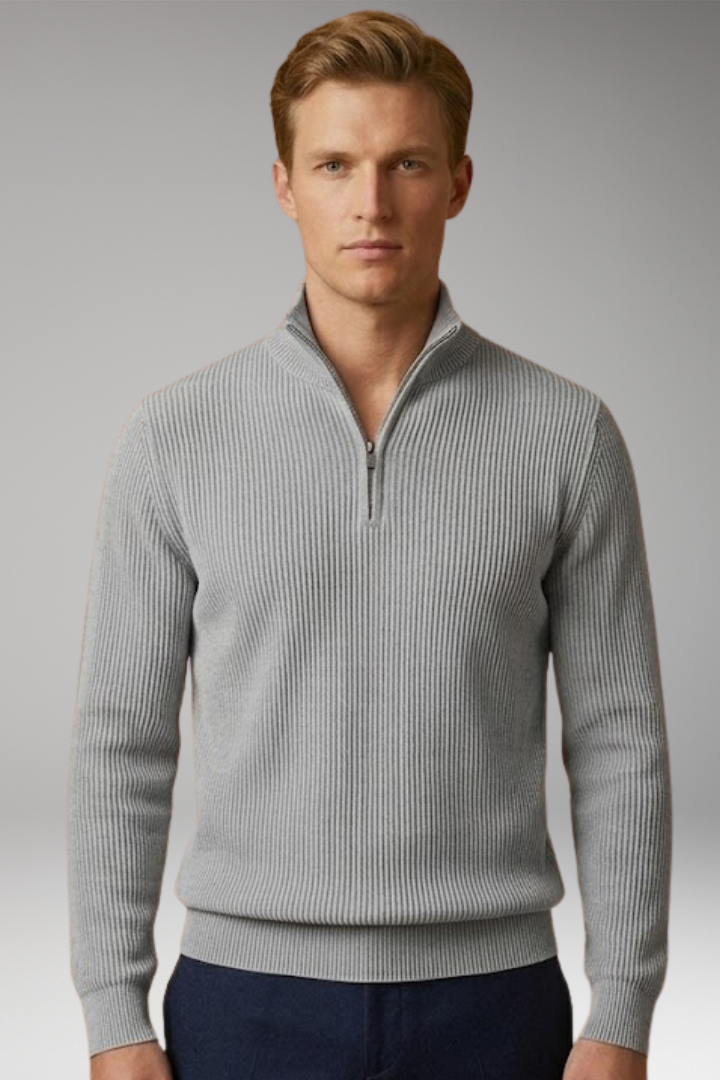 Men's Casual Sweater with Half-Zip Collar and Ribbed Texture