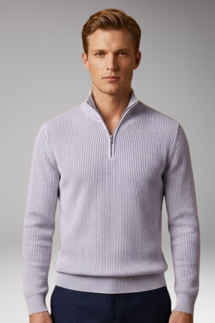 Men's Casual Sweater with Half-Zip Collar and Ribbed Texture