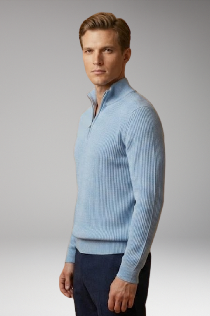 Men's Casual Sweater with Half-Zip Collar and Ribbed Texture