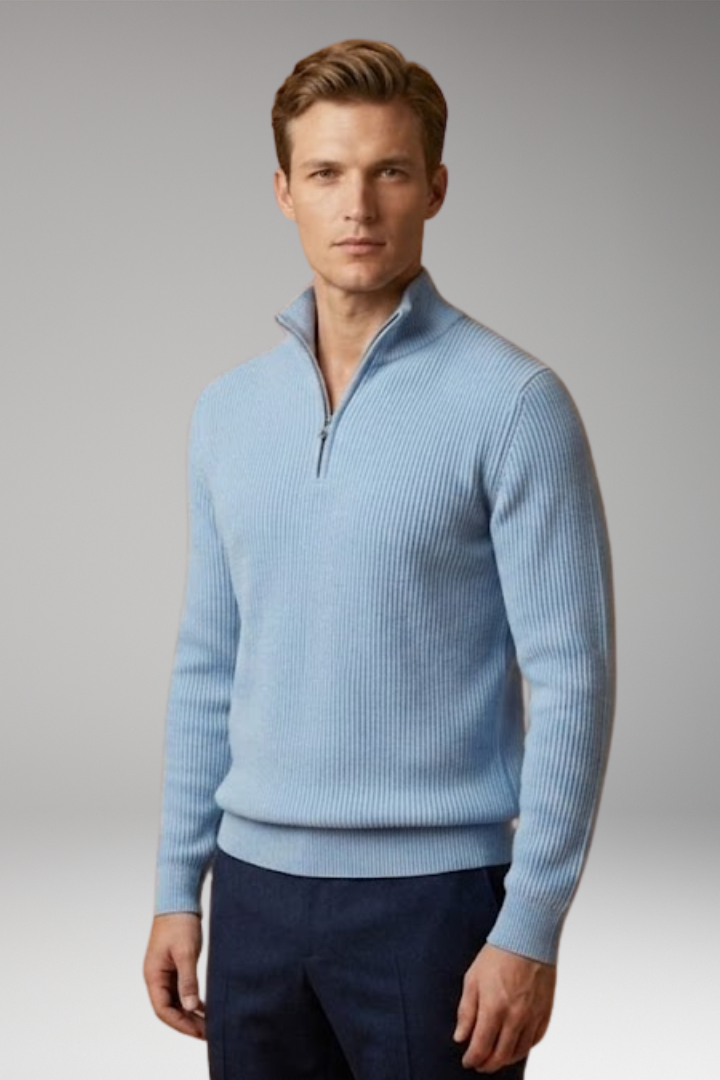 Men's Casual Sweater with Half-Zip Collar and Ribbed Texture