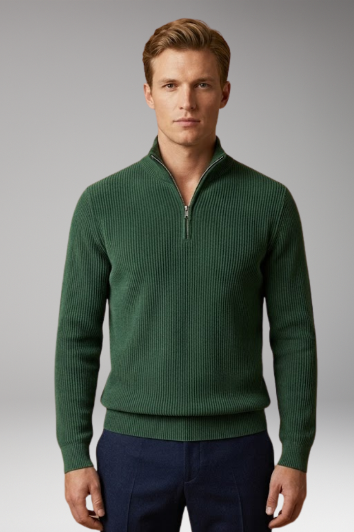 Men's Casual Sweater with Half-Zip Collar and Ribbed Texture