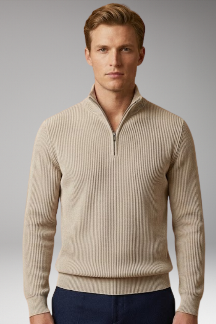 Men's Casual Sweater with Half-Zip Collar and Ribbed Texture