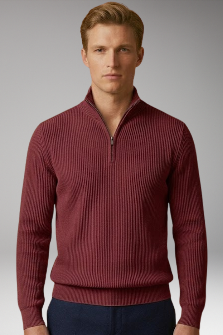 Men's Casual Sweater with Half-Zip Collar and Ribbed Texture