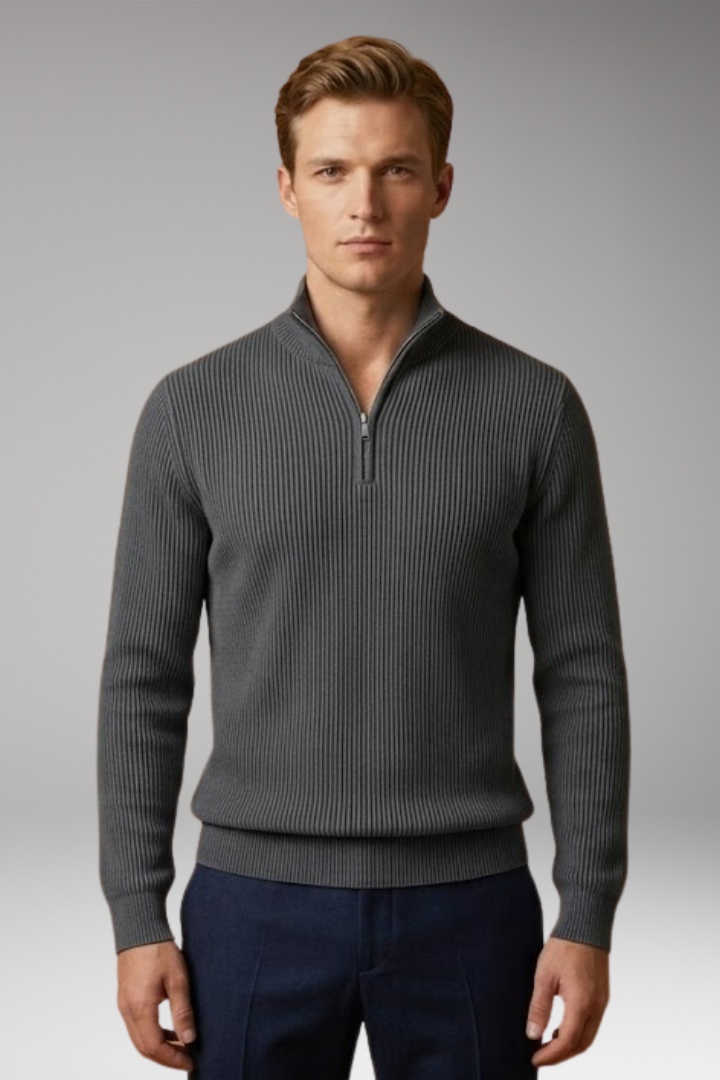 Men's Casual Sweater with Half-Zip Collar and Ribbed Texture
