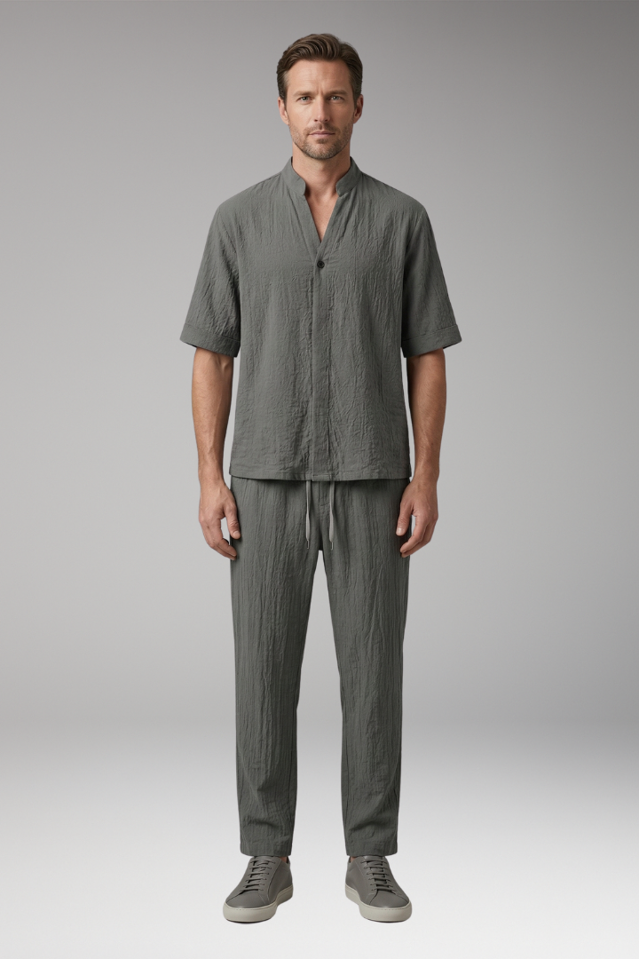 Men's Casual Two-Piece Suit with Long Sleeves and Drawstring Trousers