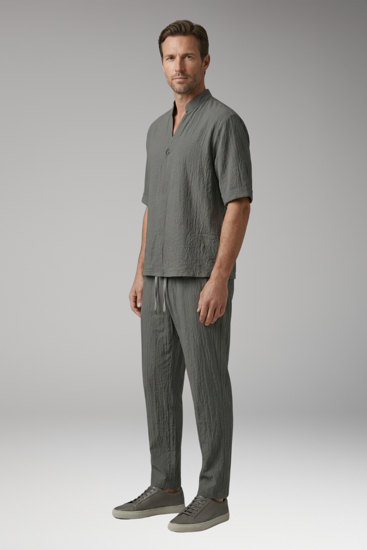 Men's Casual Two-Piece Suit with Long Sleeves and Drawstring Trousers