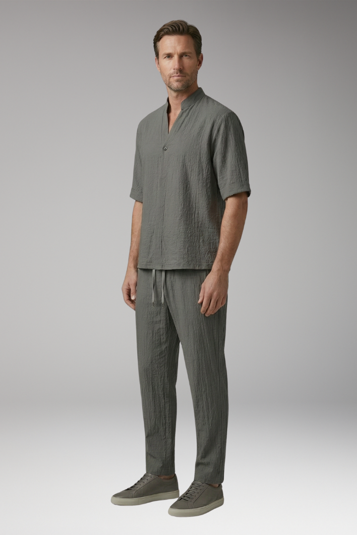 Men's Casual Two-Piece Suit with Long Sleeves and Drawstring Trousers
