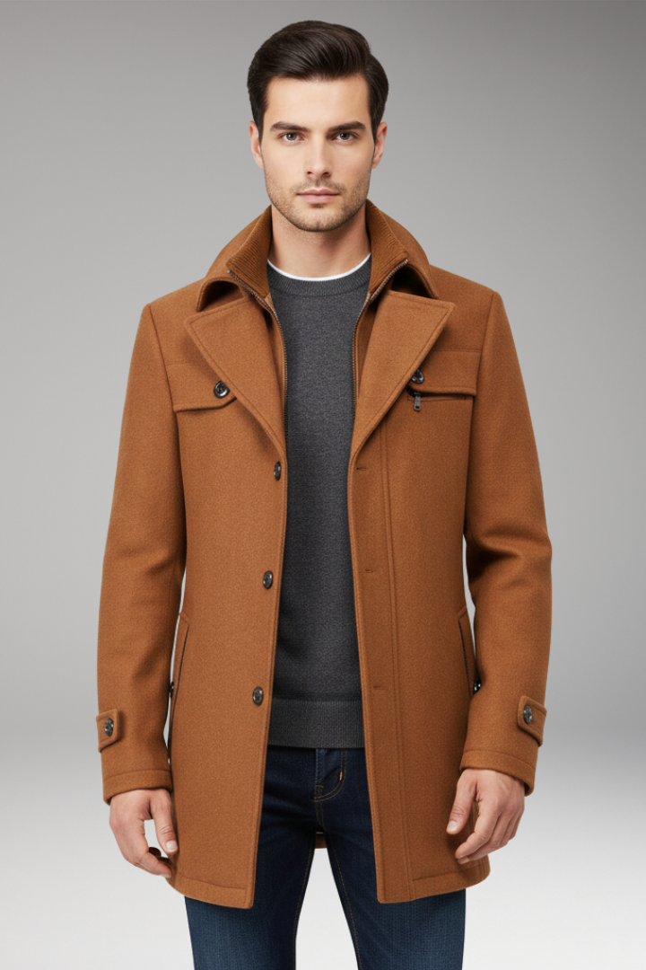 Men's Coat with Button Closure and Side Pockets