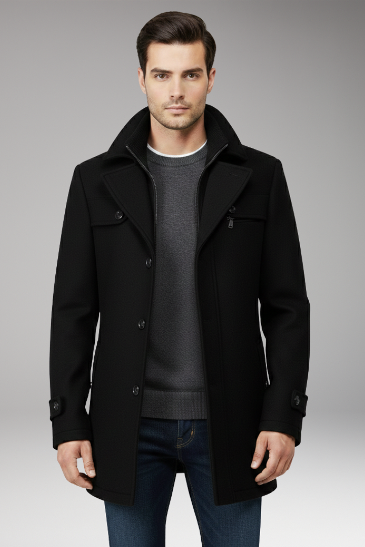 Men's Coat with Button Closure and Side Pockets