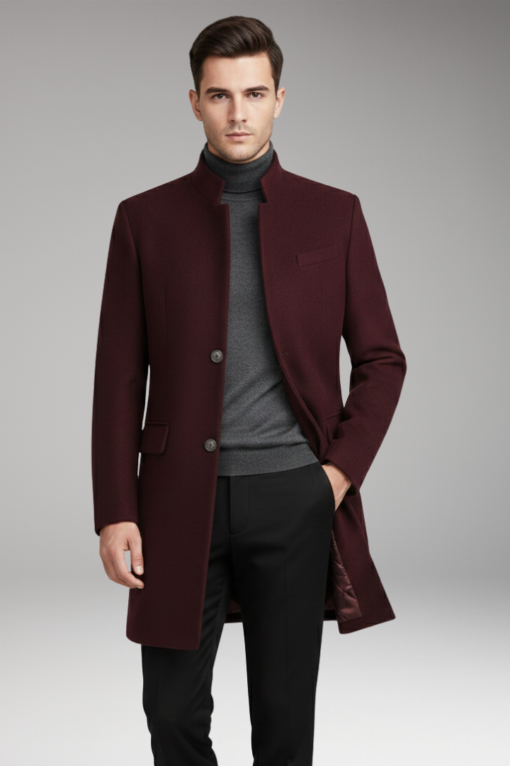 Men's Coat with Stand-Up Collar and Quilted Lining