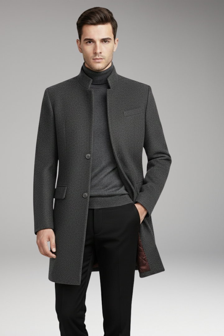 Men's Coat with Stand-Up Collar and Quilted Lining