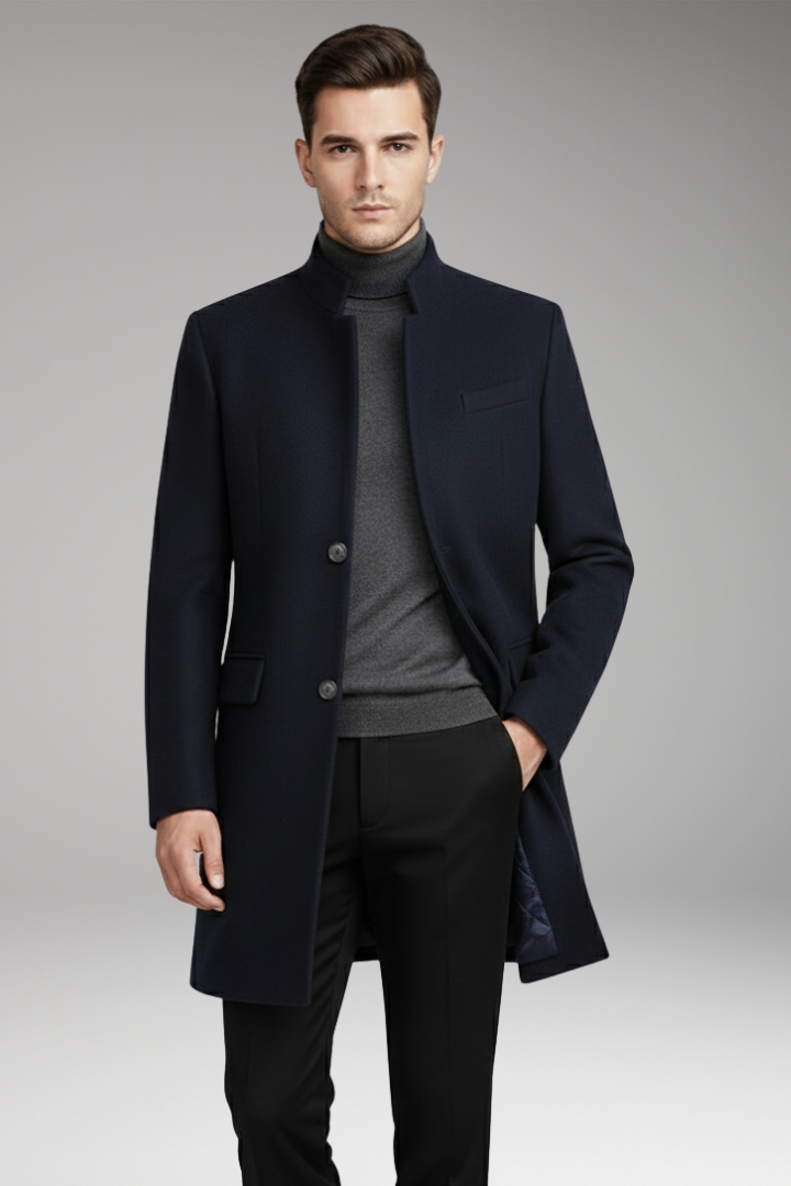 Men's Coat with Stand-Up Collar and Quilted Lining