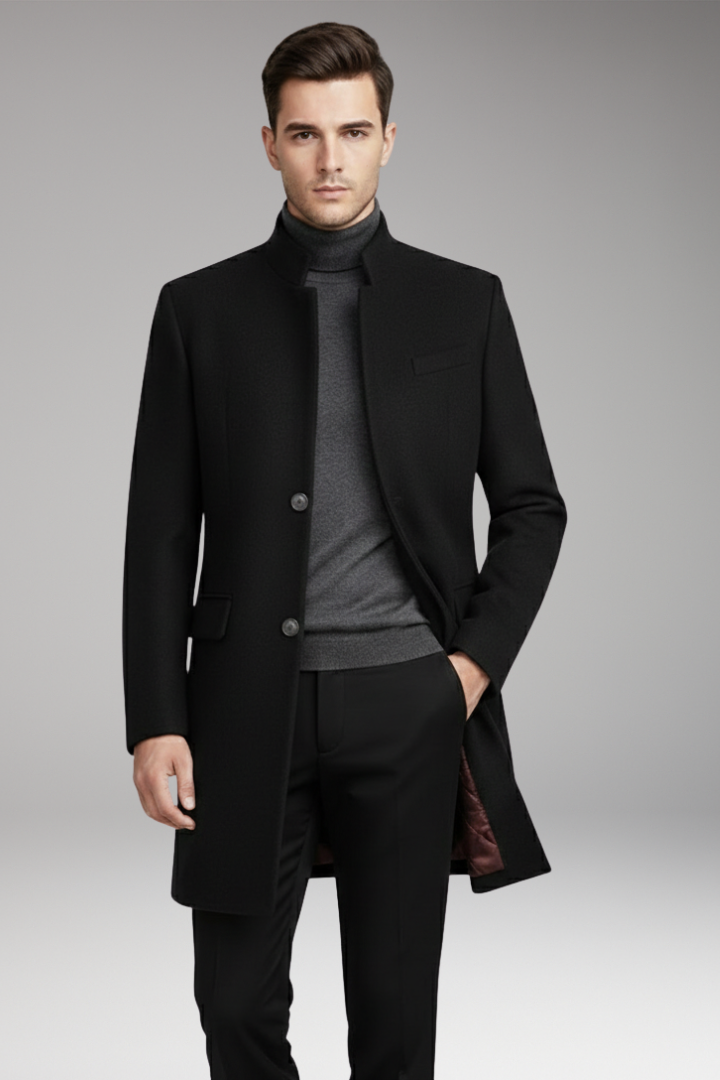 Men's Coat with Stand-Up Collar and Quilted Lining