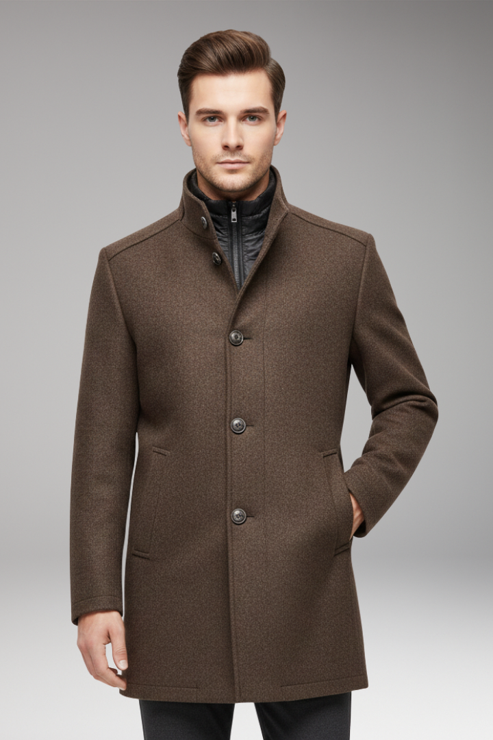 Men’s Coat with Stand-up Collar and Button Closure