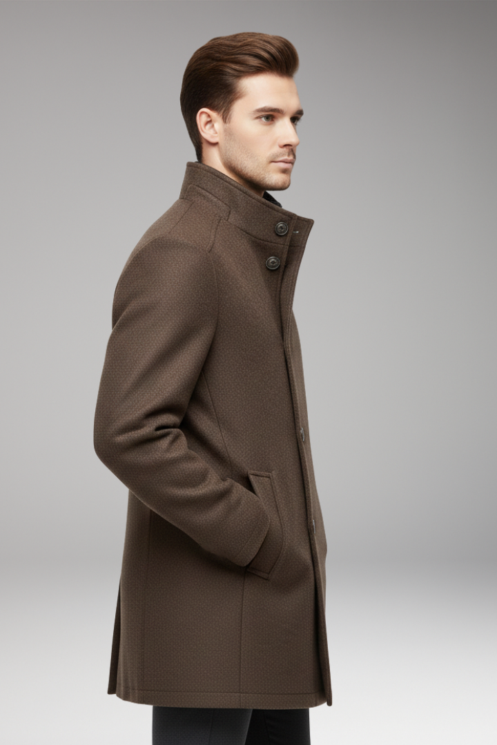 Men’s Coat with Stand-up Collar and Button Closure