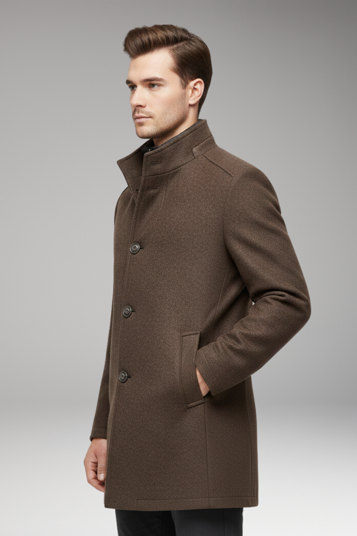 Men’s Coat with Stand-up Collar and Button Closure