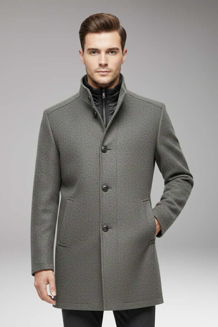 Men’s Coat with Stand-up Collar and Button Closure