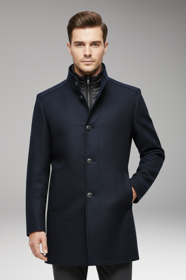 Men’s Coat with Stand-up Collar and Button Closure