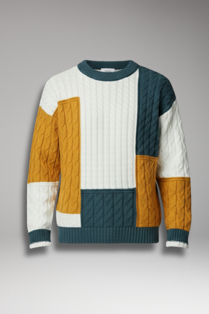 Men’s Color-Block Sweater with Cable Knit Texture