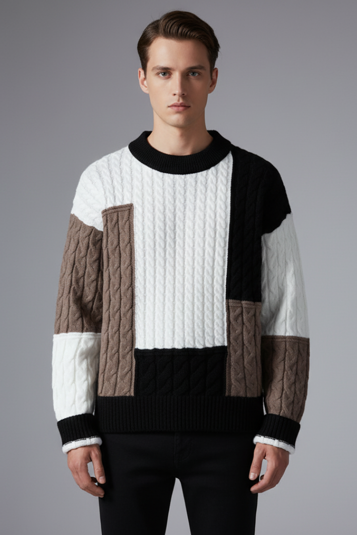 Men’s Color-Block Sweater with Cable Knit Texture