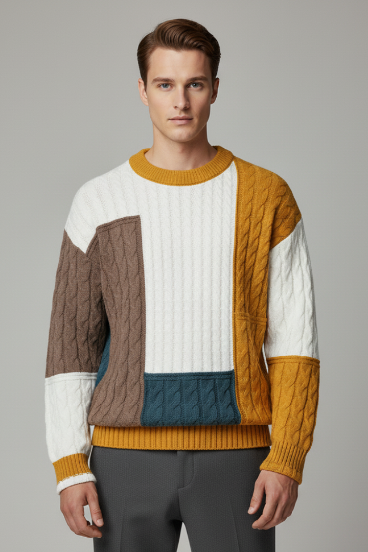 Men’s Color-Block Sweater with Cable Knit Texture