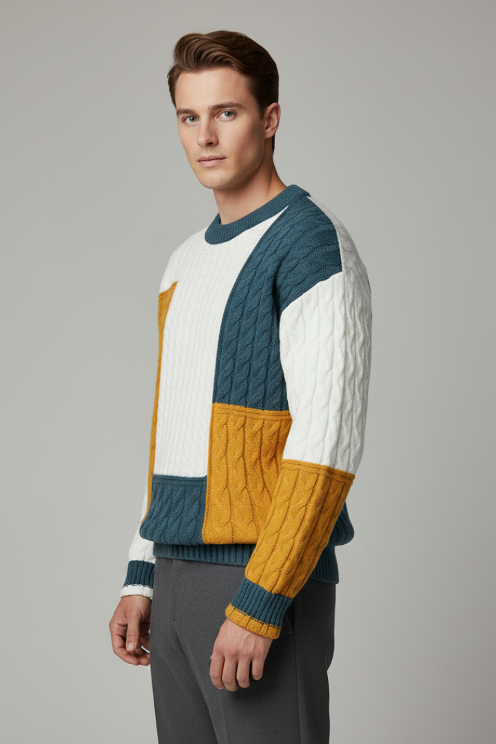 Men’s Color-Block Sweater with Cable Knit Texture