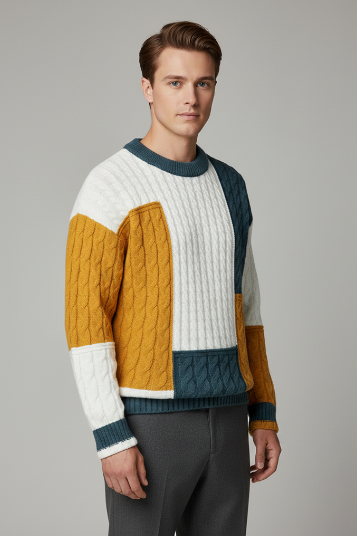 Men’s Color-Block Sweater with Cable Knit Texture