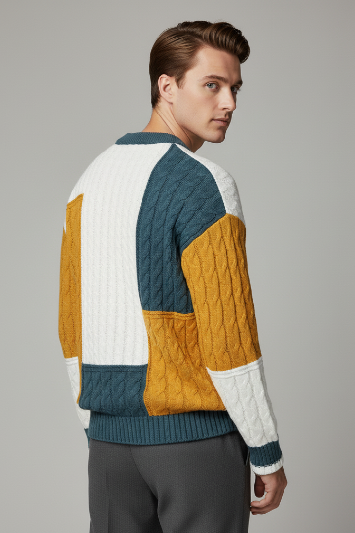 Men’s Color-Block Sweater with Cable Knit Texture