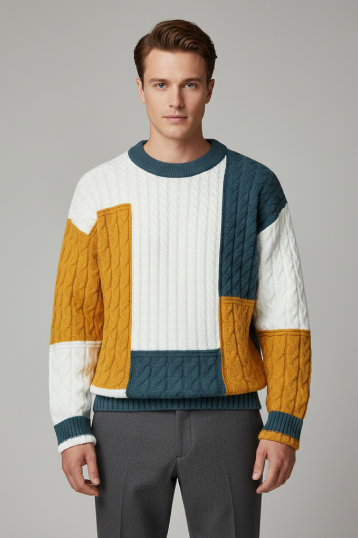 Men’s Color-Block Sweater with Cable Knit Texture