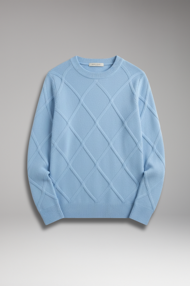Men's Crewneck Sweater with Argyle Knit and Long Sleeves
