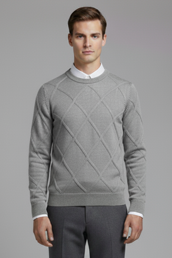 Men's Crewneck Sweater with Argyle Knit and Long Sleeves