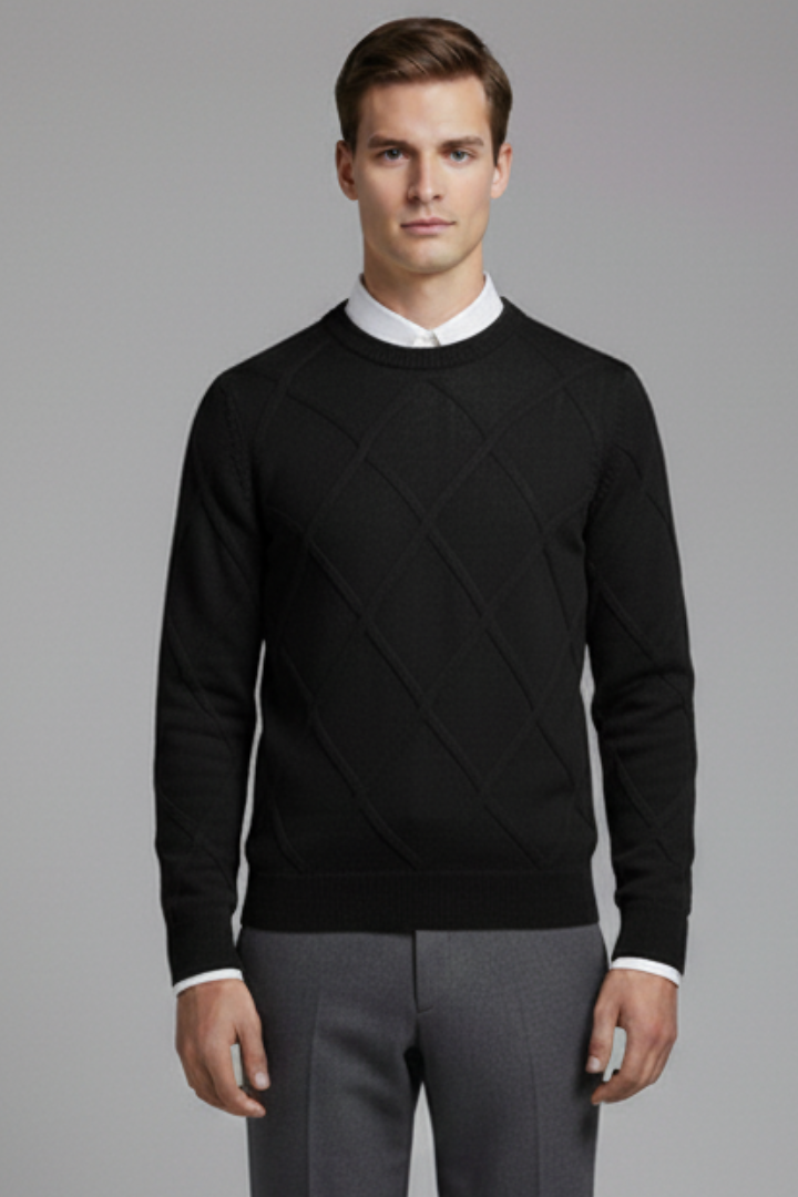 Men's Crewneck Sweater with Argyle Knit and Long Sleeves