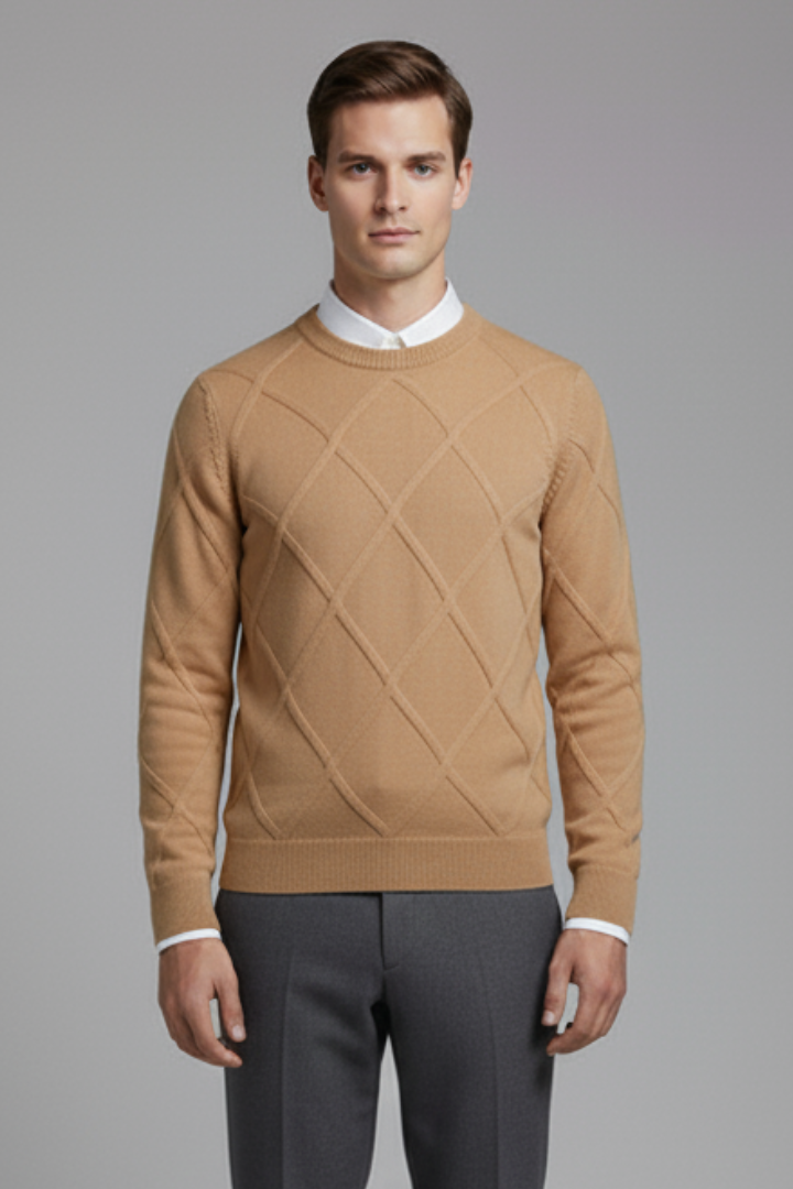 Men's Crewneck Sweater with Argyle Knit and Long Sleeves
