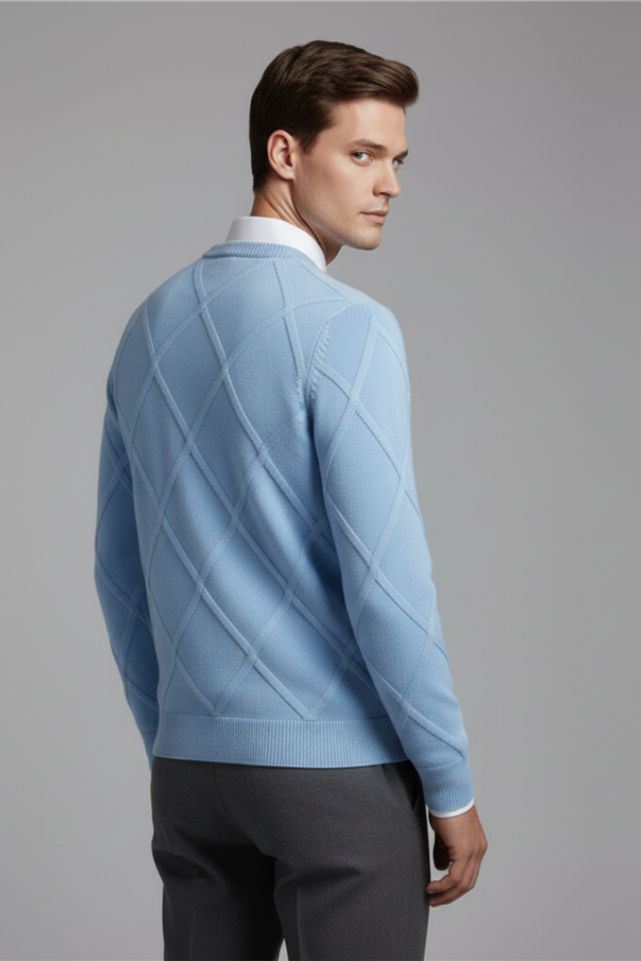 Men's Crewneck Sweater with Argyle Knit and Long Sleeves
