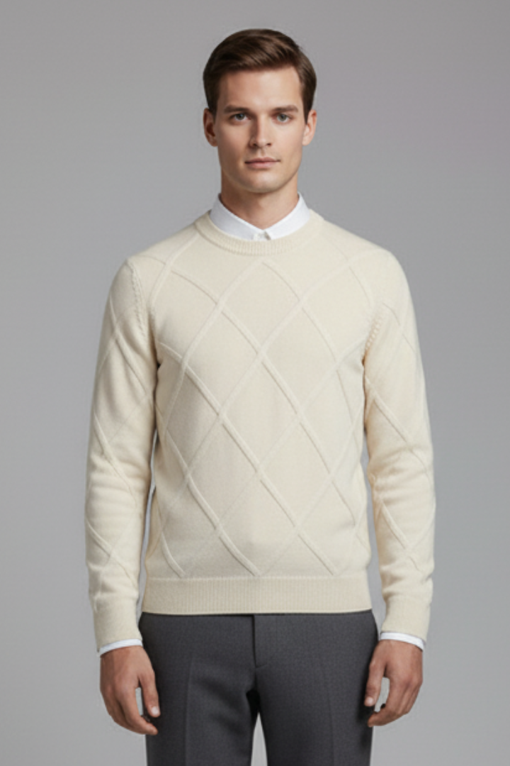 Men's Crewneck Sweater with Argyle Knit and Long Sleeves