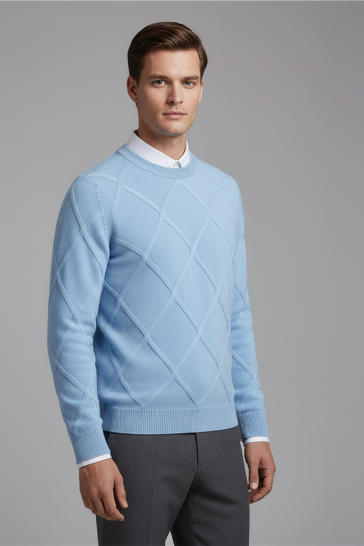 Men's Crewneck Sweater with Argyle Knit and Long Sleeves