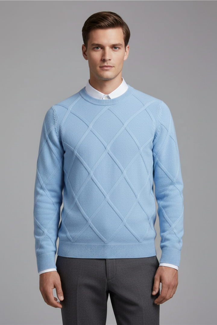 Men's Crewneck Sweater with Argyle Knit and Long Sleeves