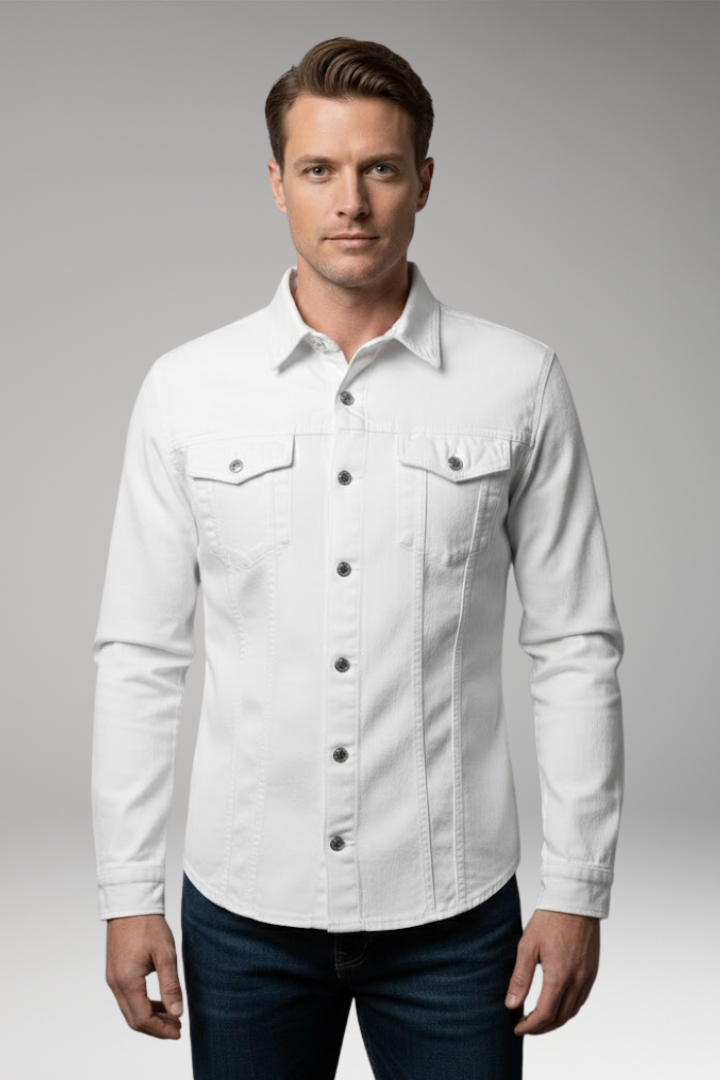 Men's Denim Bomber Jacket with Front Closure and Long Sleeves