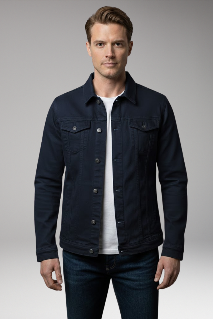 Men's Denim Bomber Jacket with Front Closure and Long Sleeves