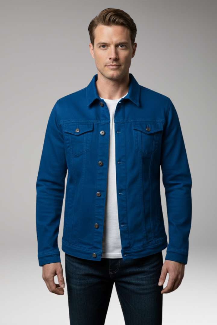 Men's Denim Bomber Jacket with Front Closure and Long Sleeves