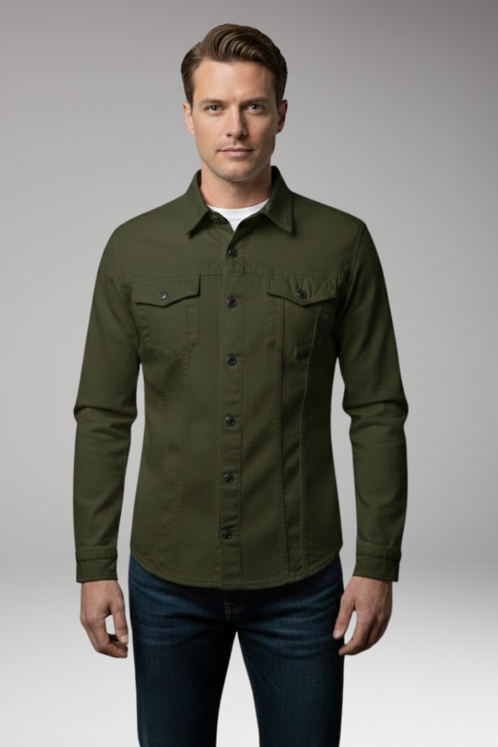 Men's Denim Bomber Jacket with Front Closure and Long Sleeves