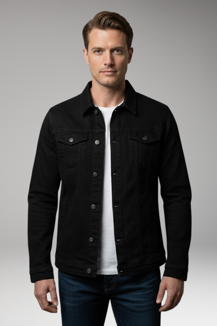 Men's Denim Bomber Jacket with Front Closure and Long Sleeves